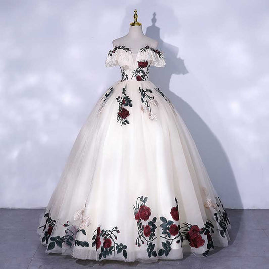 White Floral Ball Gown Tulle Sweetheart Flower Lace Applique Formal Dress