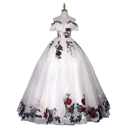 White Floral Ball Gown Tulle Sweetheart Flower Lace Applique Formal Dress