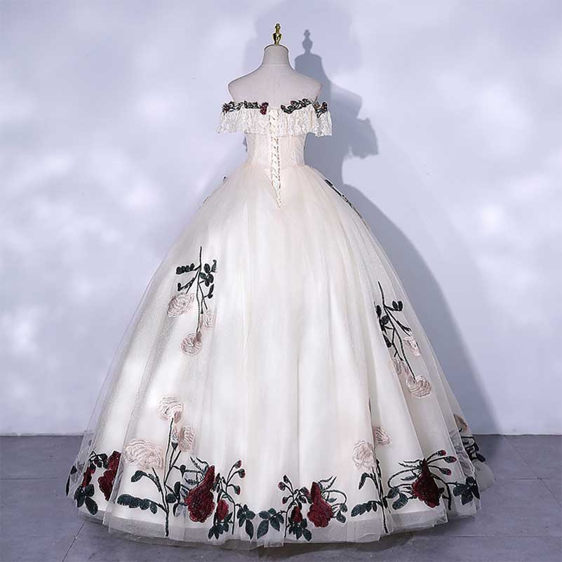 White Floral Ball Gown Tulle Sweetheart Flower Lace Applique Formal Dress