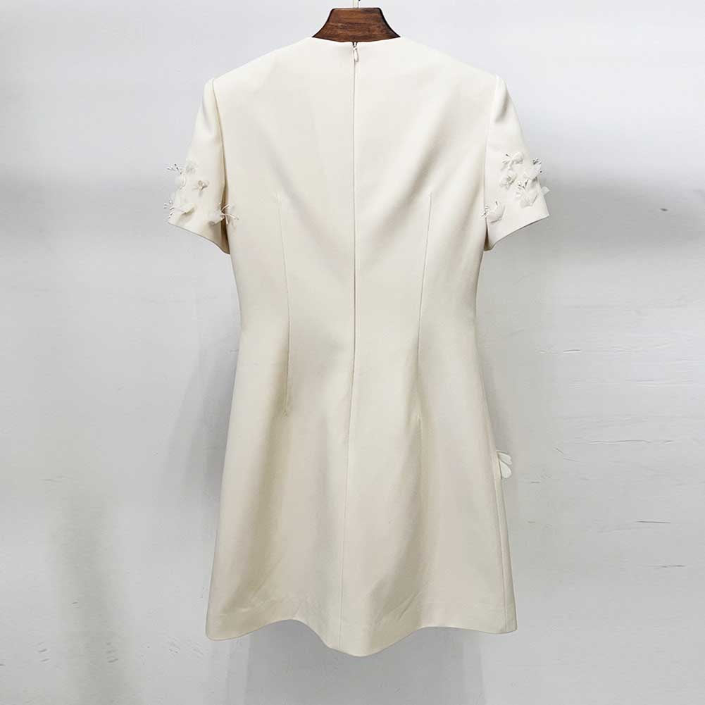 Ivory Floral Embellished Mini Dress – Elegant Short Sleeve Cocktail Dress for Weddings, Parties & Special Occasions