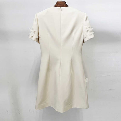 Ivory Floral Embellished Mini Dress – Elegant Short Sleeve Cocktail Dress for Weddings, Parties & Special Occasions