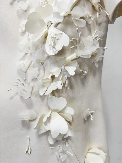 Ivory Floral Embellished Mini Dress – Elegant Short Sleeve Cocktail Dress for Weddings, Parties & Special Occasions