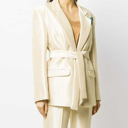 Ivory Women's Pantsuit with Belt | Elegant V-Neck Office Suit