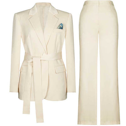 Ivory Women's Pantsuit with Belt | Elegant V-Neck Office Suit