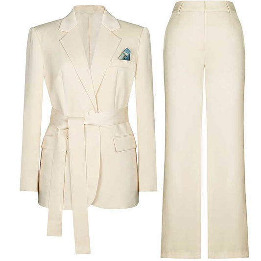 Ivory Women's Pantsuit with Belt | Elegant V-Neck Office Suit