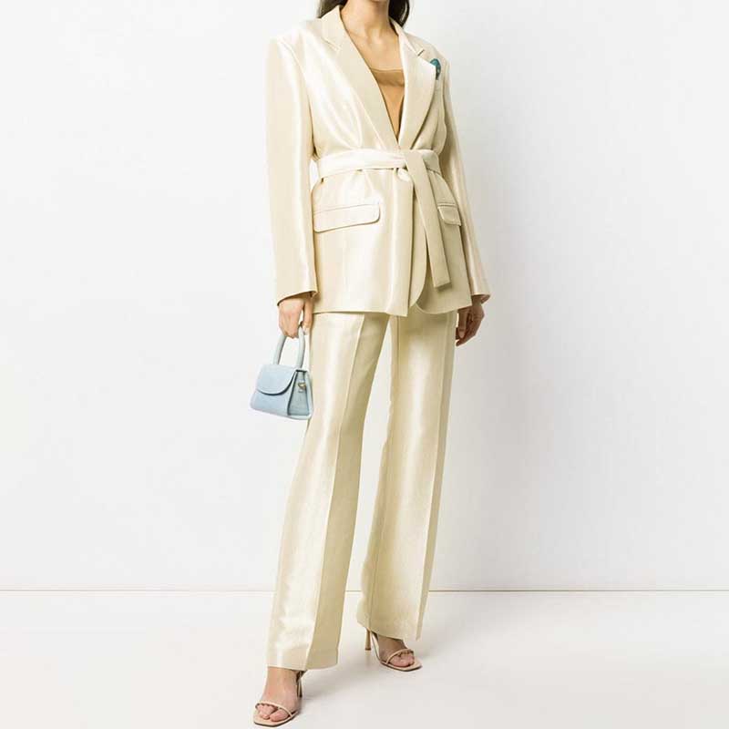 Ivory Women's Pantsuit with Belt | Elegant V-Neck Office Suit
