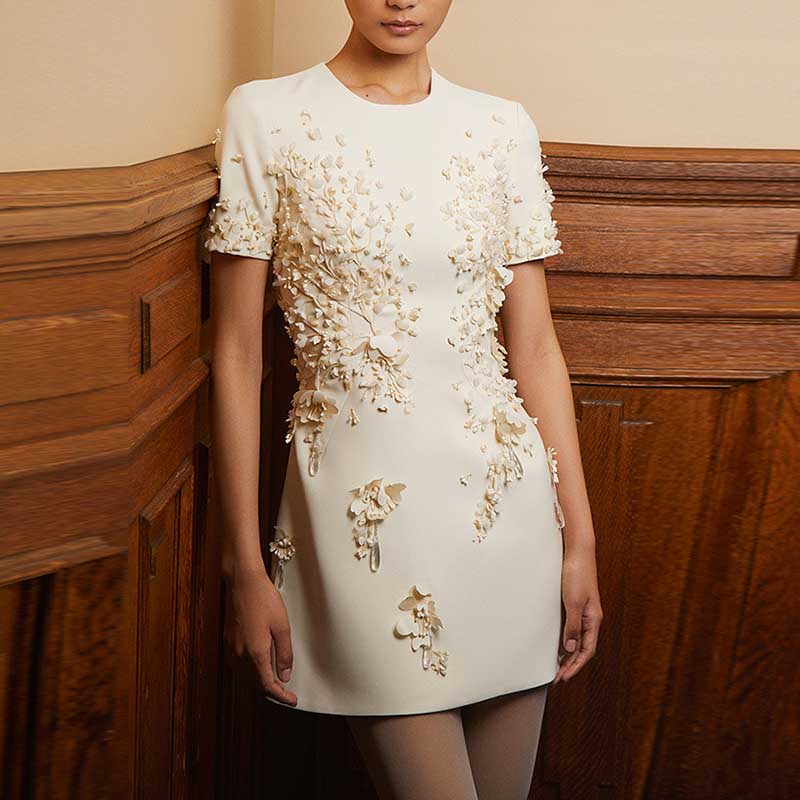 Ivory Floral Embellished Mini Dress 