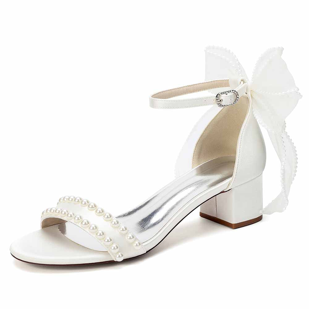 Women's Pearl Bridal Sandals with Bowknot, Block Heel Ankle Strap Wedding Shoes