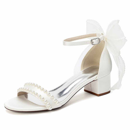 Women's Pearl Bridal Sandals with Bowknot, Block Heel Ankle Strap Wedding Shoes