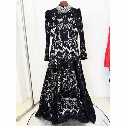 Beaded Collar Black Maxi Dress – Puff Sleeve Embellished Neck Gown