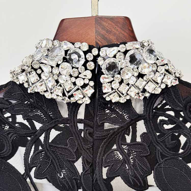 Beaded Collar Black Maxi Dress – Puff Sleeve Embellished Neck Gown