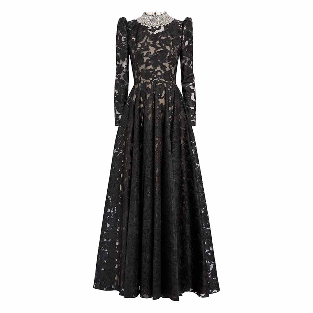 Beaded Collar Black Maxi Dress – Puff Sleeve Embellished Neck Gown