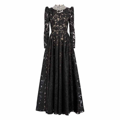 Beaded Collar Black Maxi Dress – Puff Sleeve Embellished Neck Gown