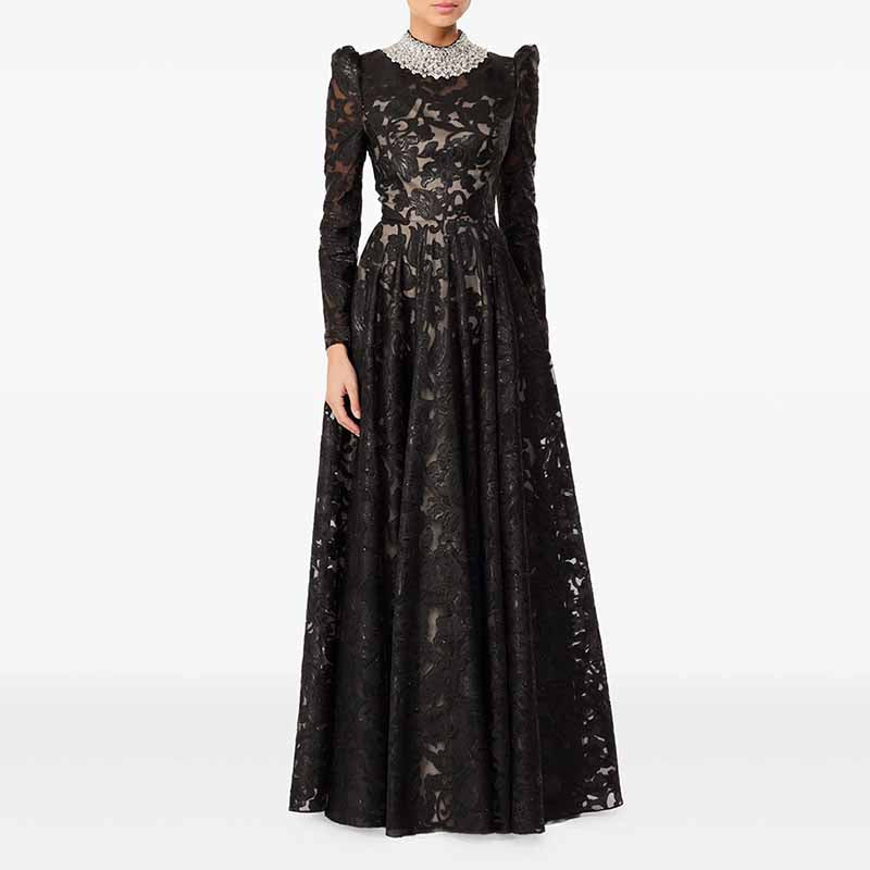 Beaded Collar Black Maxi Dress – Puff Sleeve Embellished Neck Gown