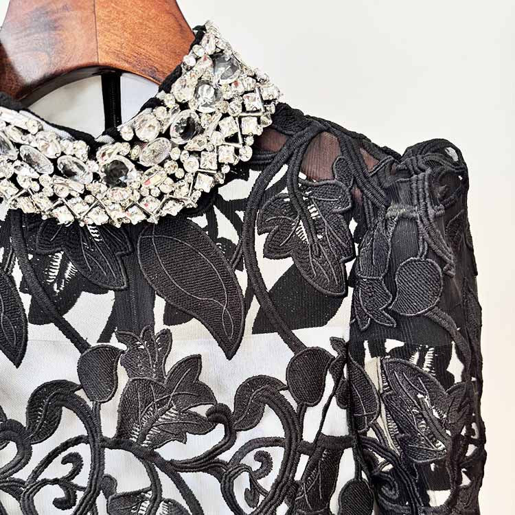 Beaded Collar Black Maxi Dress – Puff Sleeve Embellished Neck Gown