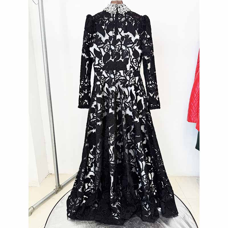 Beaded Collar Black Maxi Dress – Puff Sleeve Embellished Neck Gown