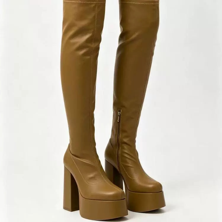 Khaki Stretch PU Platform Knee High Boots Chunky Heel