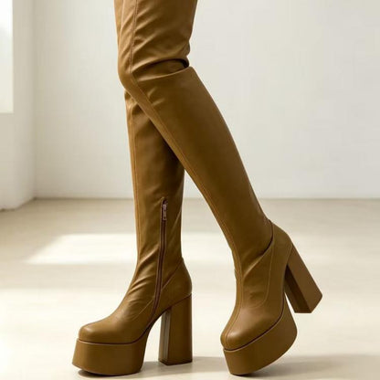 Khaki Stretch PU Platform Knee High Boots Chunky Heel
