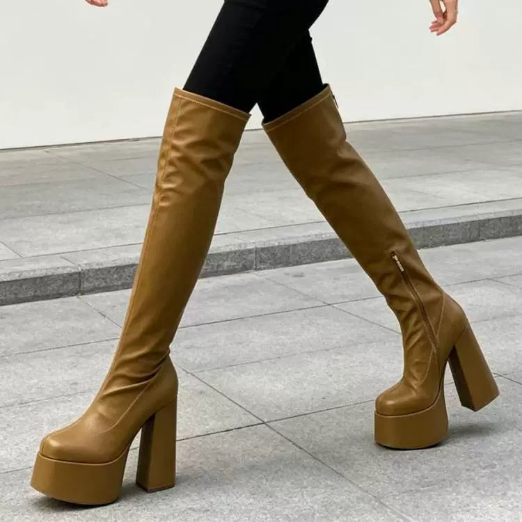 Khaki Stretch PU Platform Knee High Boots Chunky Heel