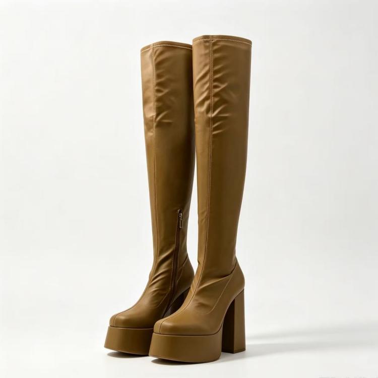 Khaki Stretch PU Platform Knee High Boots Chunky Heel