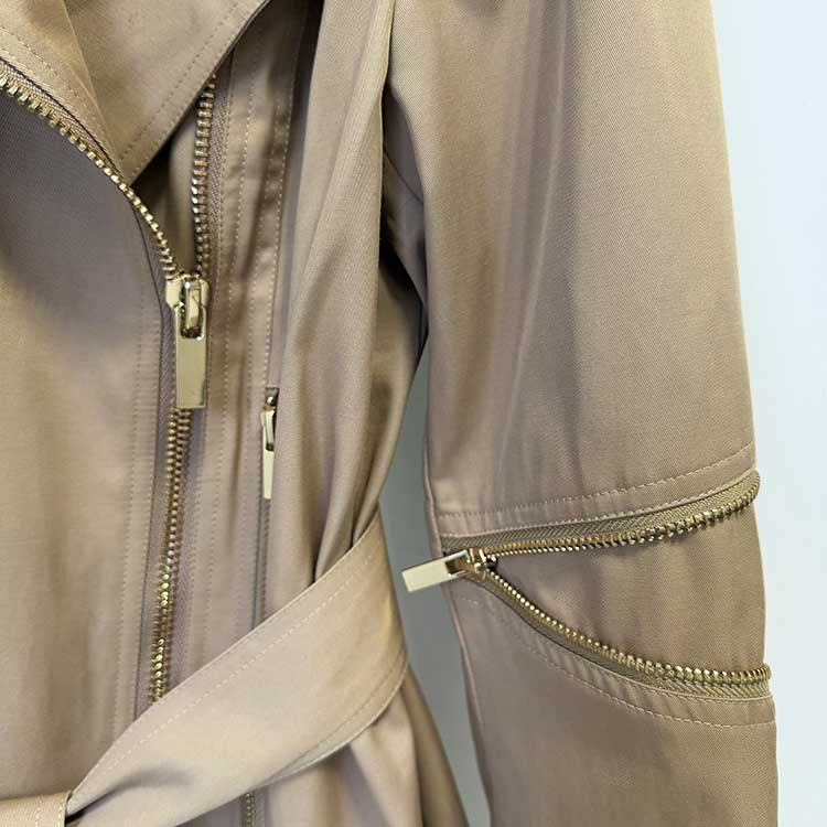 Khaki Trench Coat Women's Belted Lapel Zip-Up Mid-Length Jacket