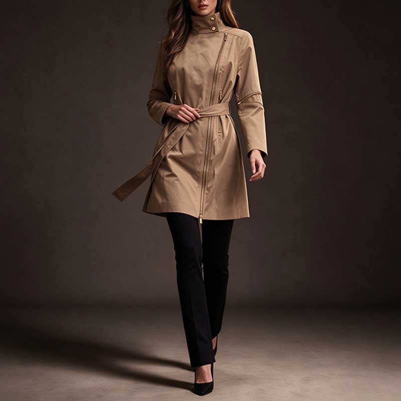 Khaki Trench Coat Women's Belted Lapel Zip-Up Mid-Length Jacket
