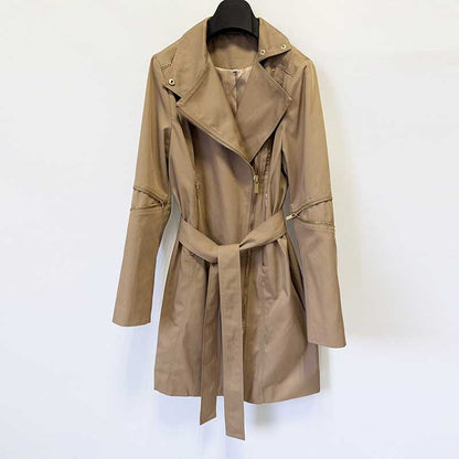 Khaki Trench Coat Women's Belted Lapel Zip-Up Mid-Length Jacket