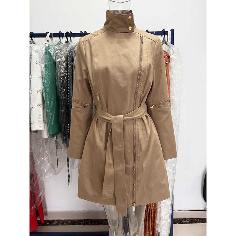 Khaki Trench Coat Women's Belted Lapel Zip-Up Mid-Length Jacket