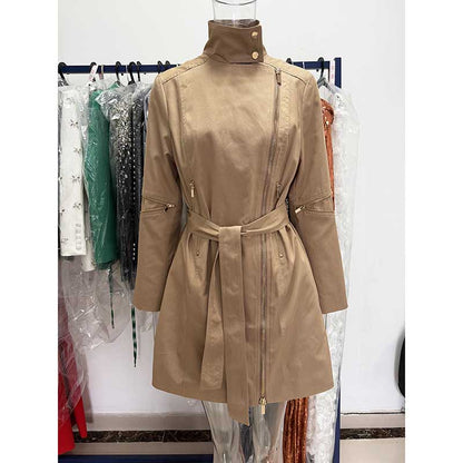 Khaki Trench Coat Women's Belted Lapel Zip-Up Mid-Length Jacket