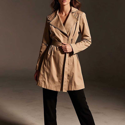 Khaki Trench Coat Women's Belted Lapel Zip-Up Mid-Length Jacket