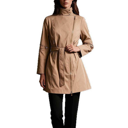 Khaki Trench Coat Women's Belted Lapel Zip-Up Mid-Length Jacket