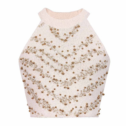 Knitted Halter Cropped Tops for Women Knit Tank Tops With Nail beads