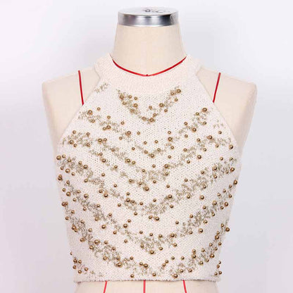 Knitted Halter Cropped Tops for Women Knit Tank Tops With Nail beads