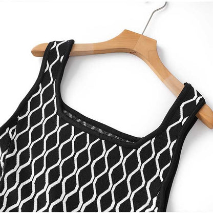 Knitted Mini Little Two-Tone Dress Square-Neck Sleeveless Slim Fit Short A-Line Dress