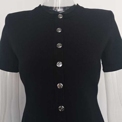 Knitted Short Dress Button-Up Short Sleeve Slim Fit Mini Dress