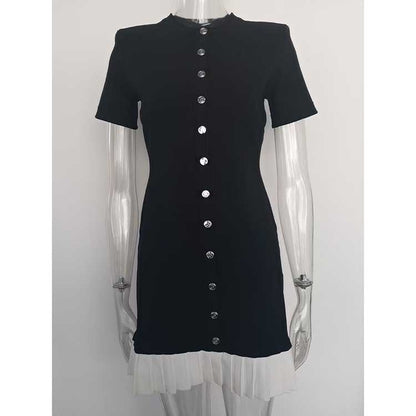 Knitted Short Dress Button-Up Short Sleeve Slim Fit Mini Dress