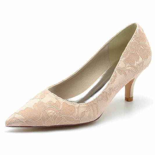 Lace Low Heels Pull-On Pumps Closed Toe Party Shoes Wedding Heels