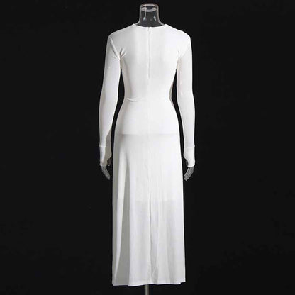 Womens Hollowed Out Twisted Slim Fit Long Sleeved Midi Dress