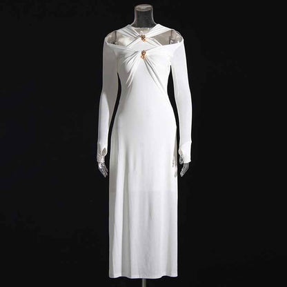 Womens Hollowed Out Twisted Slim Fit Long Sleeved Midi Dress