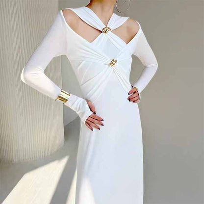 Womens Hollowed Out Twisted Slim Fit Long Sleeved Midi Dress