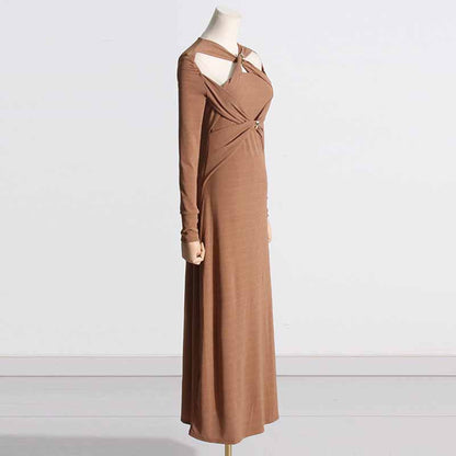 Womens Hollowed Out Twisted Slim Fit Long Sleeved Midi Dress