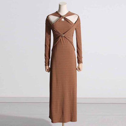 Womens Hollowed Out Twisted Slim Fit Long Sleeved Midi Dress