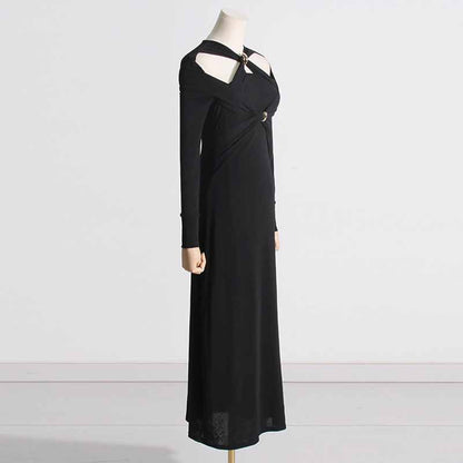 Womens Hollowed Out Twisted Slim Fit Long Sleeved Midi Dress