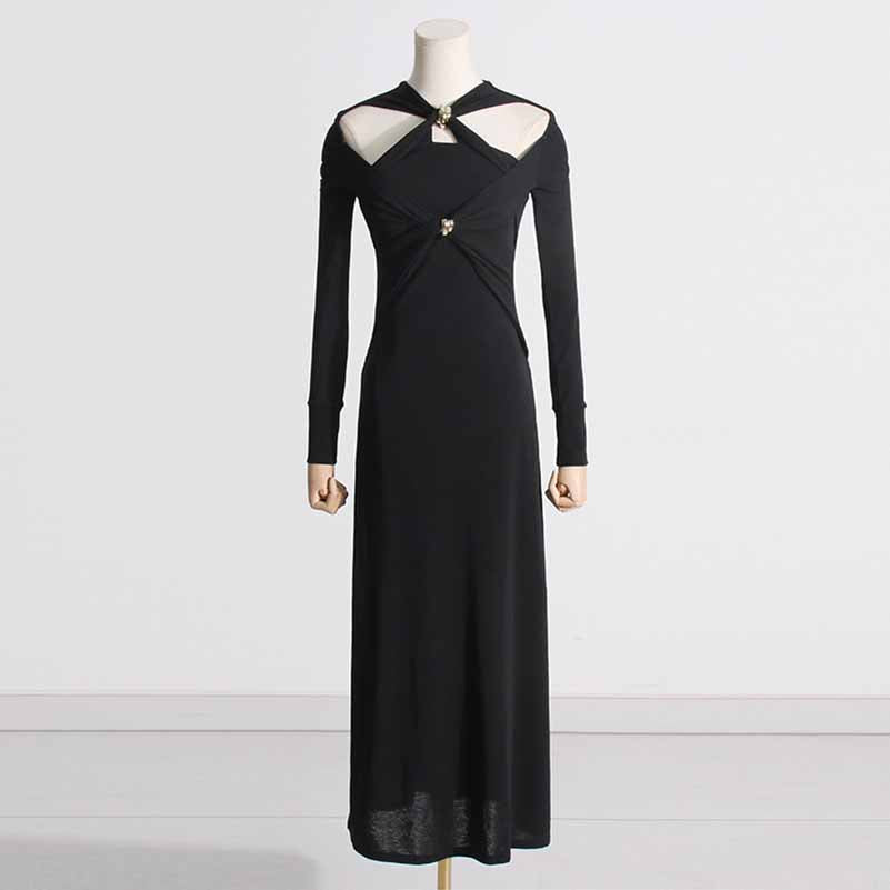 Womens Hollowed Out Twisted Slim Fit Long Sleeved Midi Dress