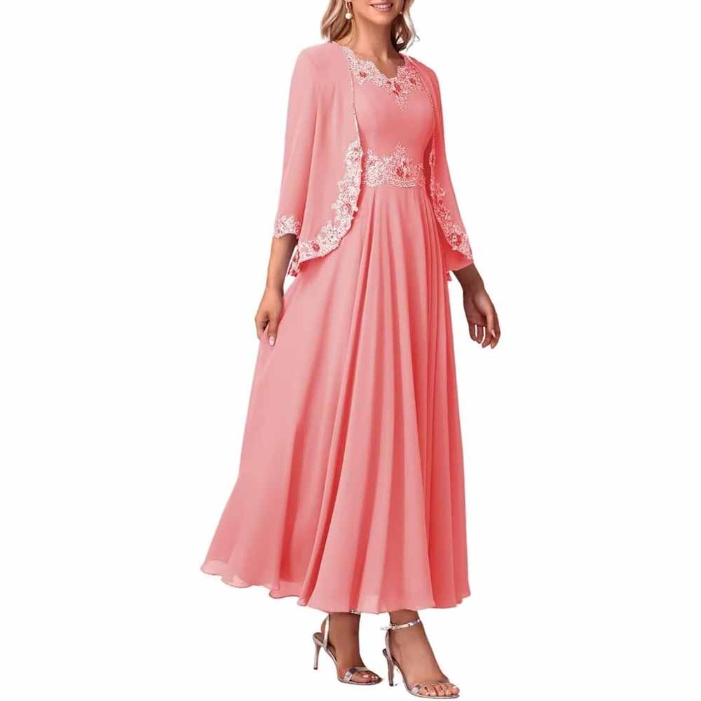 Lace Applique 2 Piece Mother of The Bride Dresses Chiffon Evening Formal Dress with Jacket