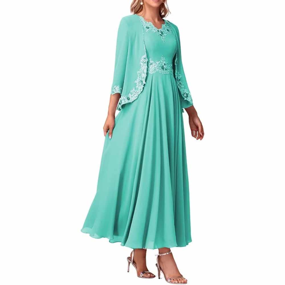 Lace Applique 2 Piece Mother of The Bride Dresses Chiffon Evening Formal Dress with Jacket