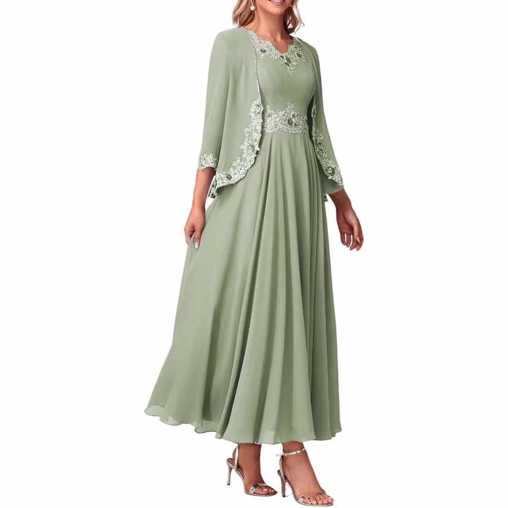 Lace Applique 2 Piece Mother of The Bride Dresses Chiffon Evening Formal Dress with Jacket