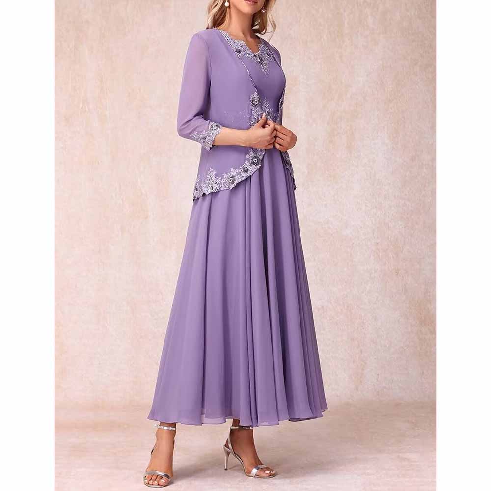 Lace Applique 2 Piece Mother of The Bride Dresses Chiffon Evening Formal Dress with Jacket