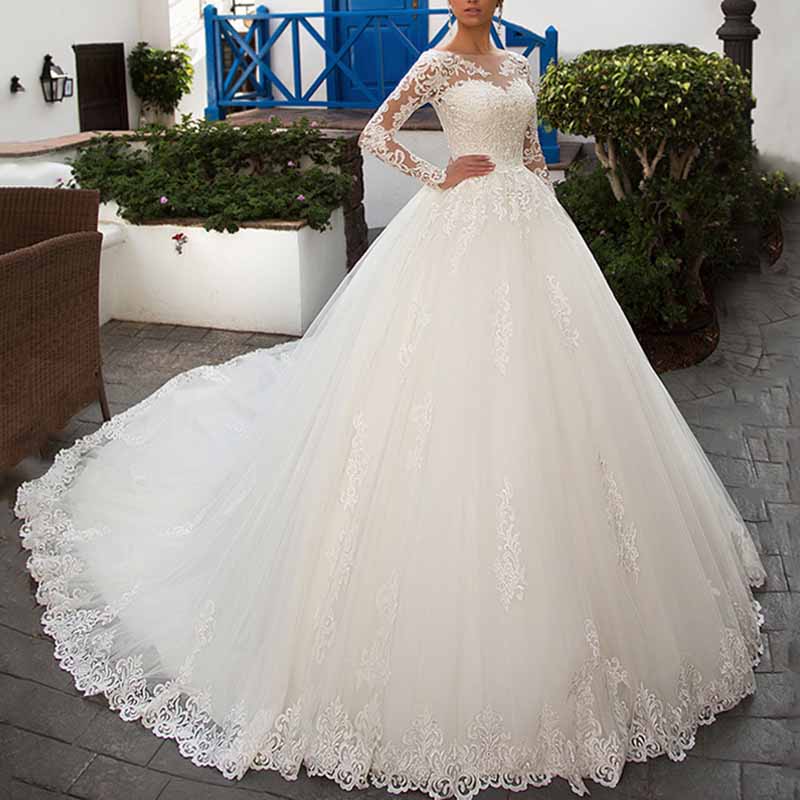 Lace Applique Bride Wedding Dresses Long Sleeve Bridal Chapel Train Wedding Gown