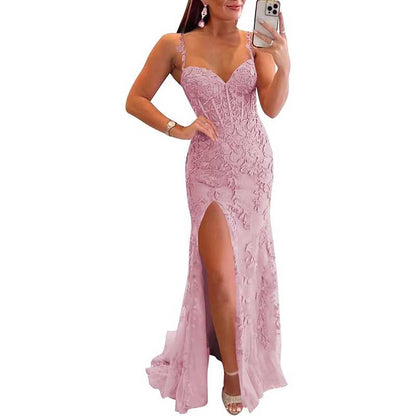 Lace Applique Mermaid Prom Dresses Spaghetti Straps Long Evening Formal Gowns